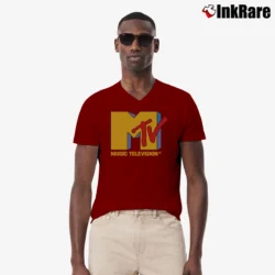 Men’s MTV 1985 Original Graphic 80s V-Neck Tee in maroon | Sharp, Breathable, Everyday Staple