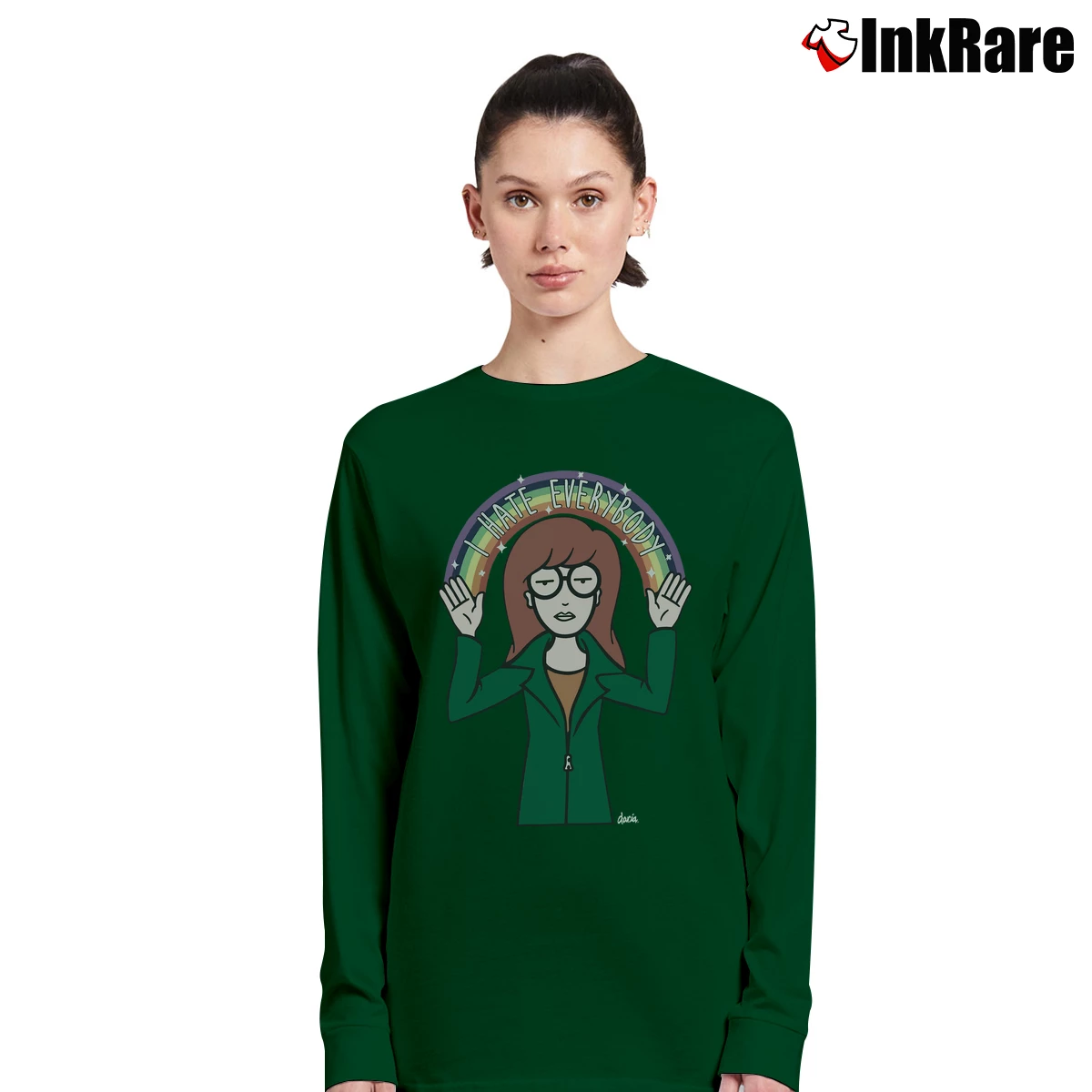 Women’s MTV Daria Rainbow Hate Everyone Long-Sleeve Top in forest green | Sleek, Versatile, All-Season