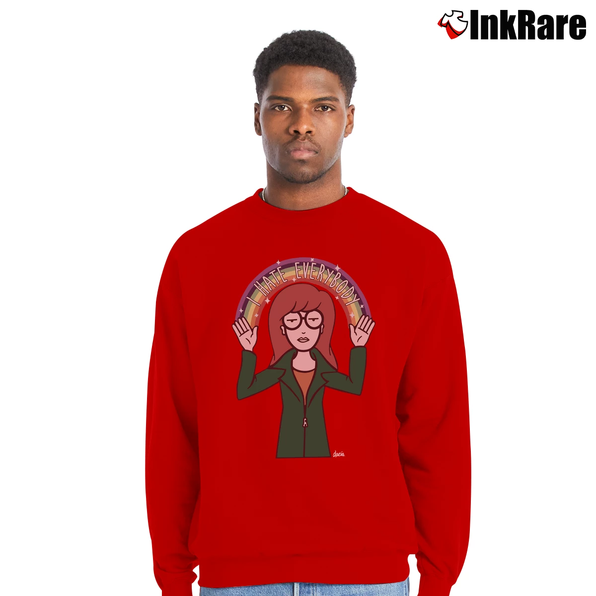 Men’s MTV Daria Rainbow Hate Everyone Crewneck Sweatshirt in red | Cozy Fabric, Clean Style