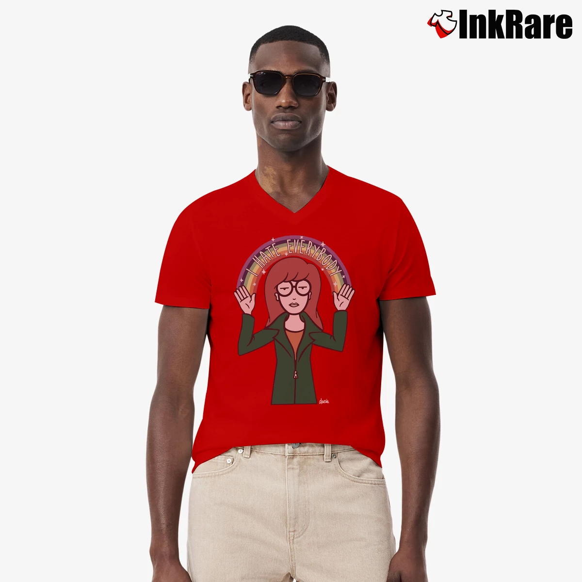 Men’s MTV Daria Rainbow Hate Everyone V-Neck Tee in red | Sharp, Breathable, Everyday Staple