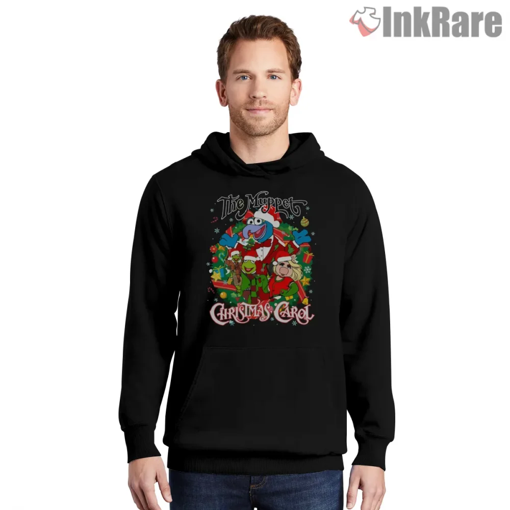 Muppet Christmas Carol Festive Character Group Shirt on black hoodie for men graphic tee
