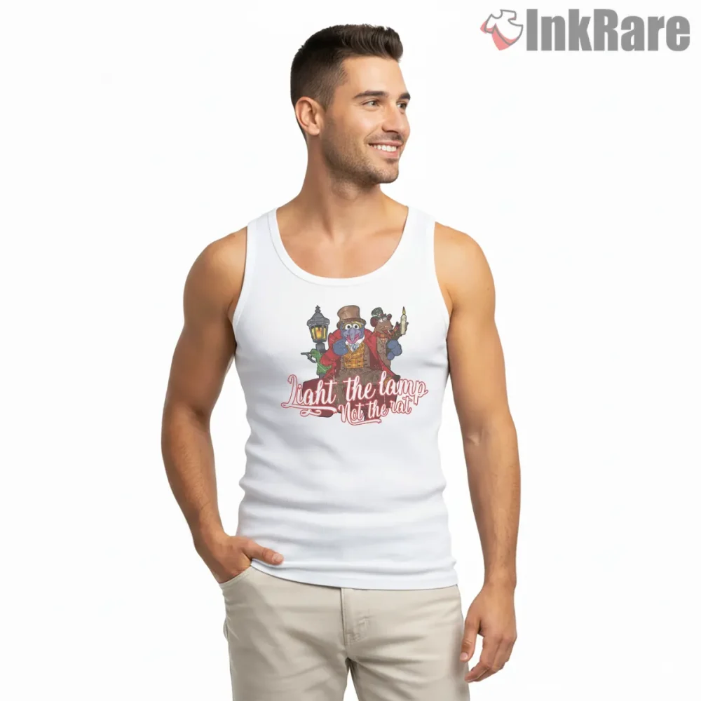 Muppet Christmas Carol Light The Lamp Not The Rat Shirt on white tank top for men graphic tee