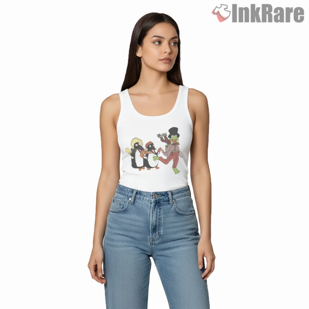 Muppet Christmas Carol Penguins Winter Parade Scene Shirt on white tank top for women graphic tee