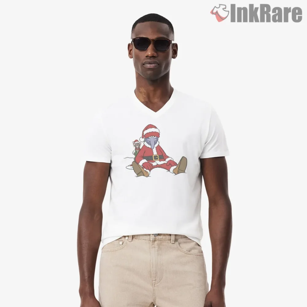 Muppet Christmas Carol Santa Gonzo Holiday Scene Shirt on white v-neck shirt for men graphic tee