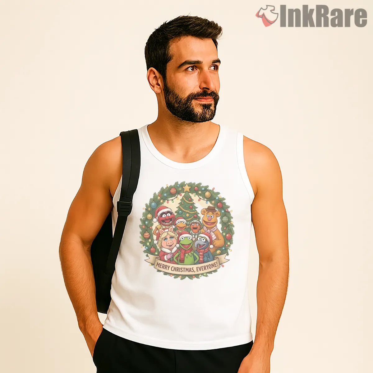 Muppet Christmas Carol Wreath Group Holiday Shirt on white tank top for men graphic tee