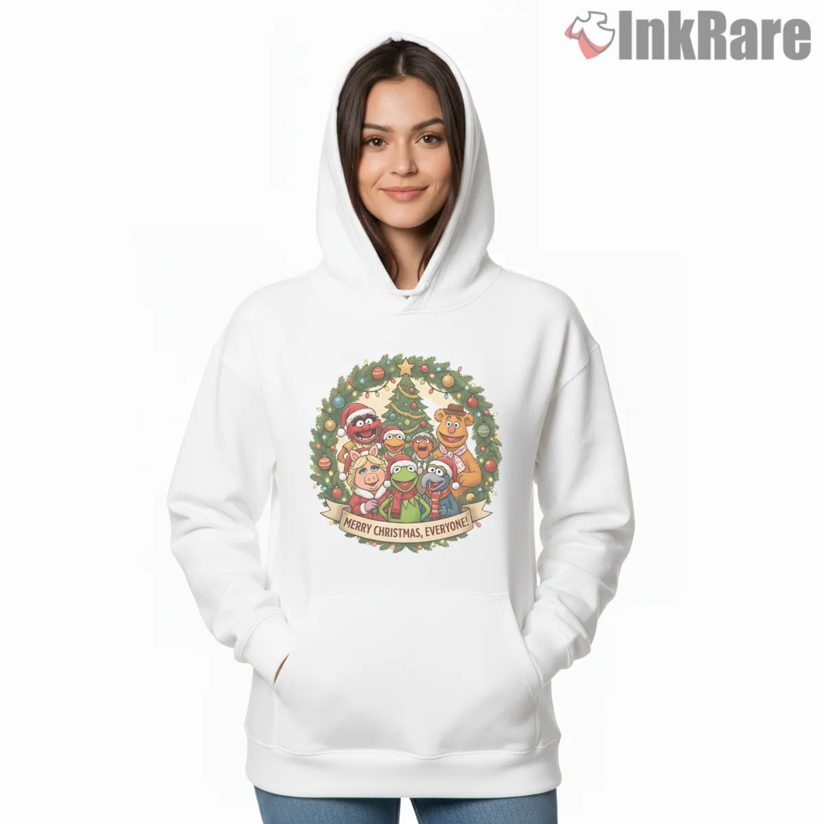 Muppet Christmas Carol Wreath Group Holiday Hoodie White Muppet Christmas Carol Wreath Group Holiday Shirt on white hoodie for women graphic tee