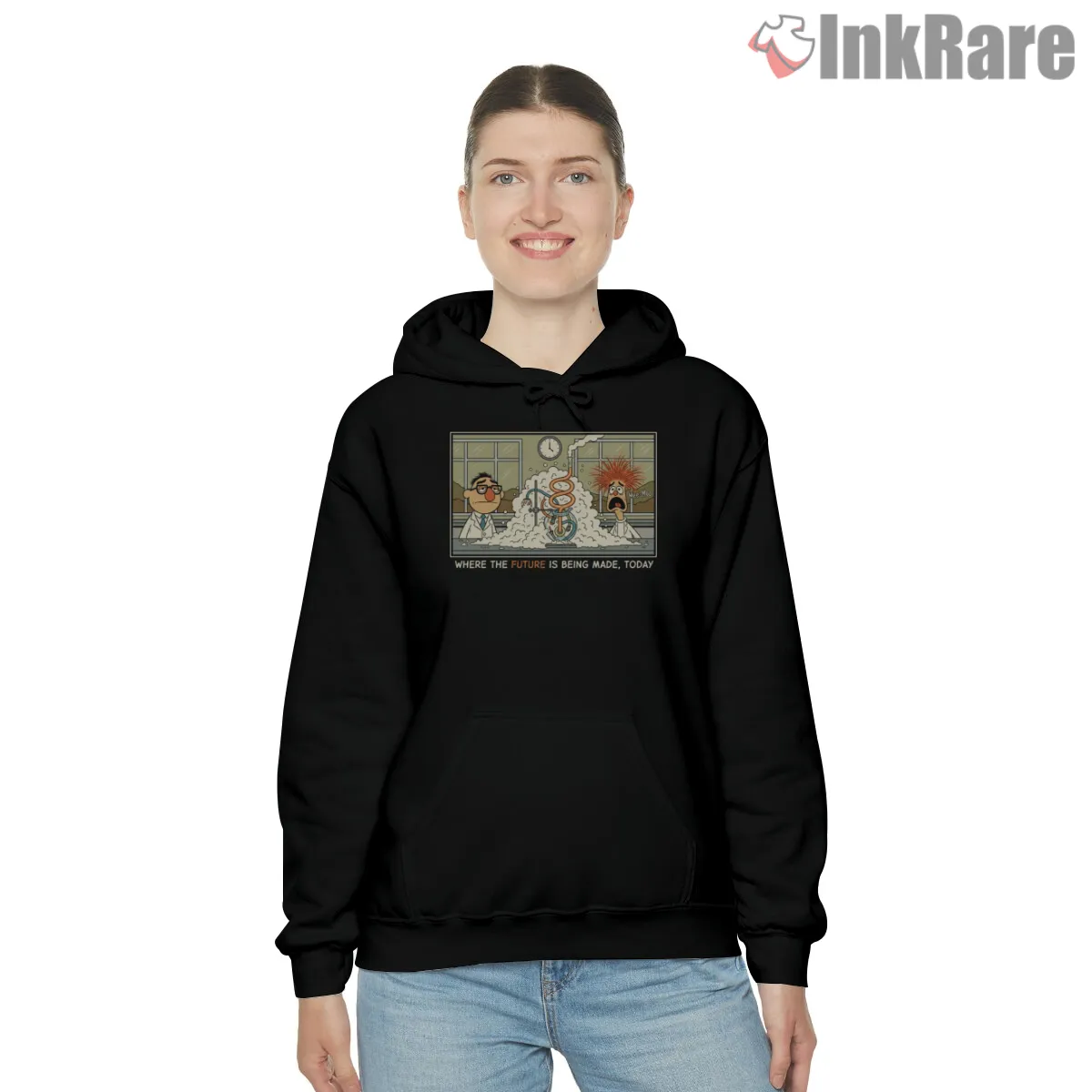 Muppet Labs Vintage Cartoon Scene Science Experiment Shirt on black hoodie for women graphic tee