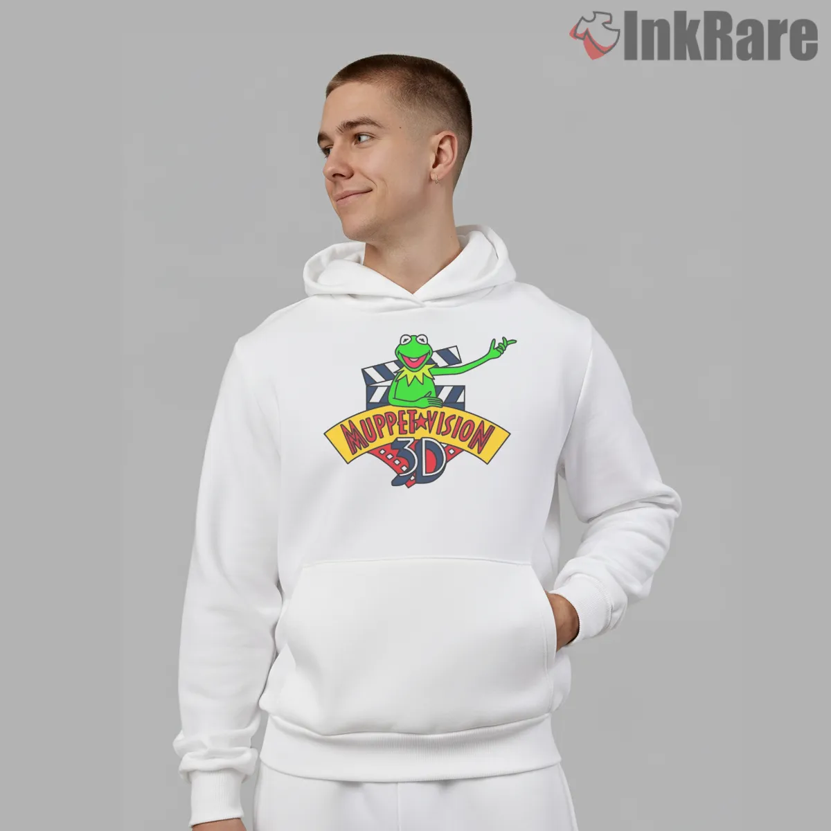 Muppet Vision 3d Retro Theme Park Logo Hoodie White Muppet Vision 3d Retro Theme Park Logo Shirt on white hoodie for men graphic tee