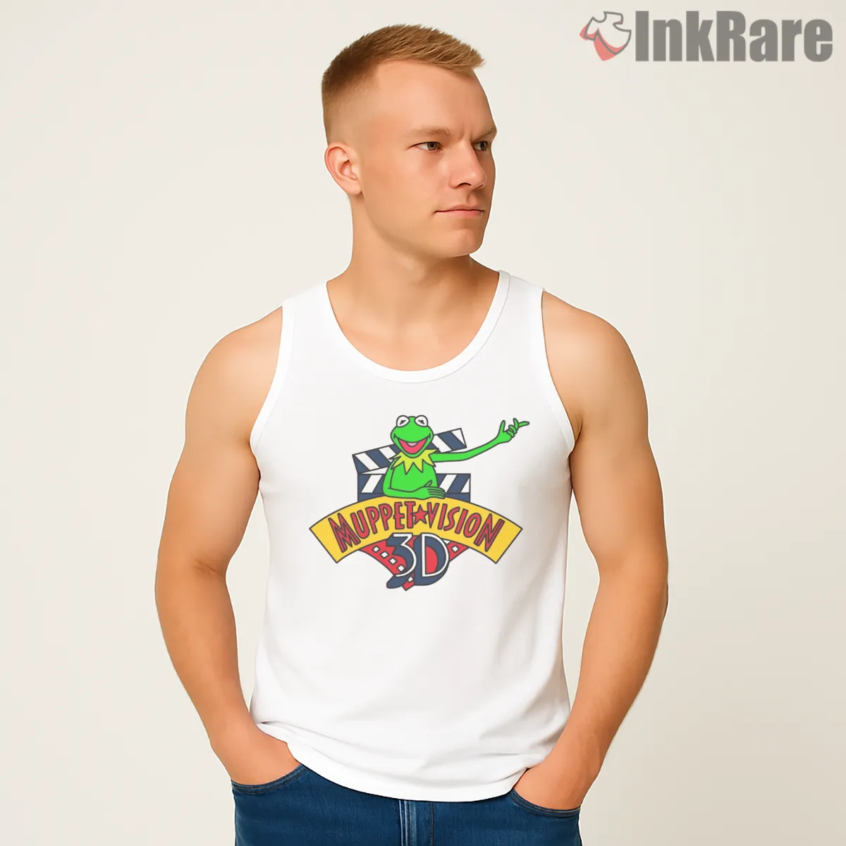 Muppet Vision 3d Retro Theme Park Logo Shirt on white tank top for men graphic tee