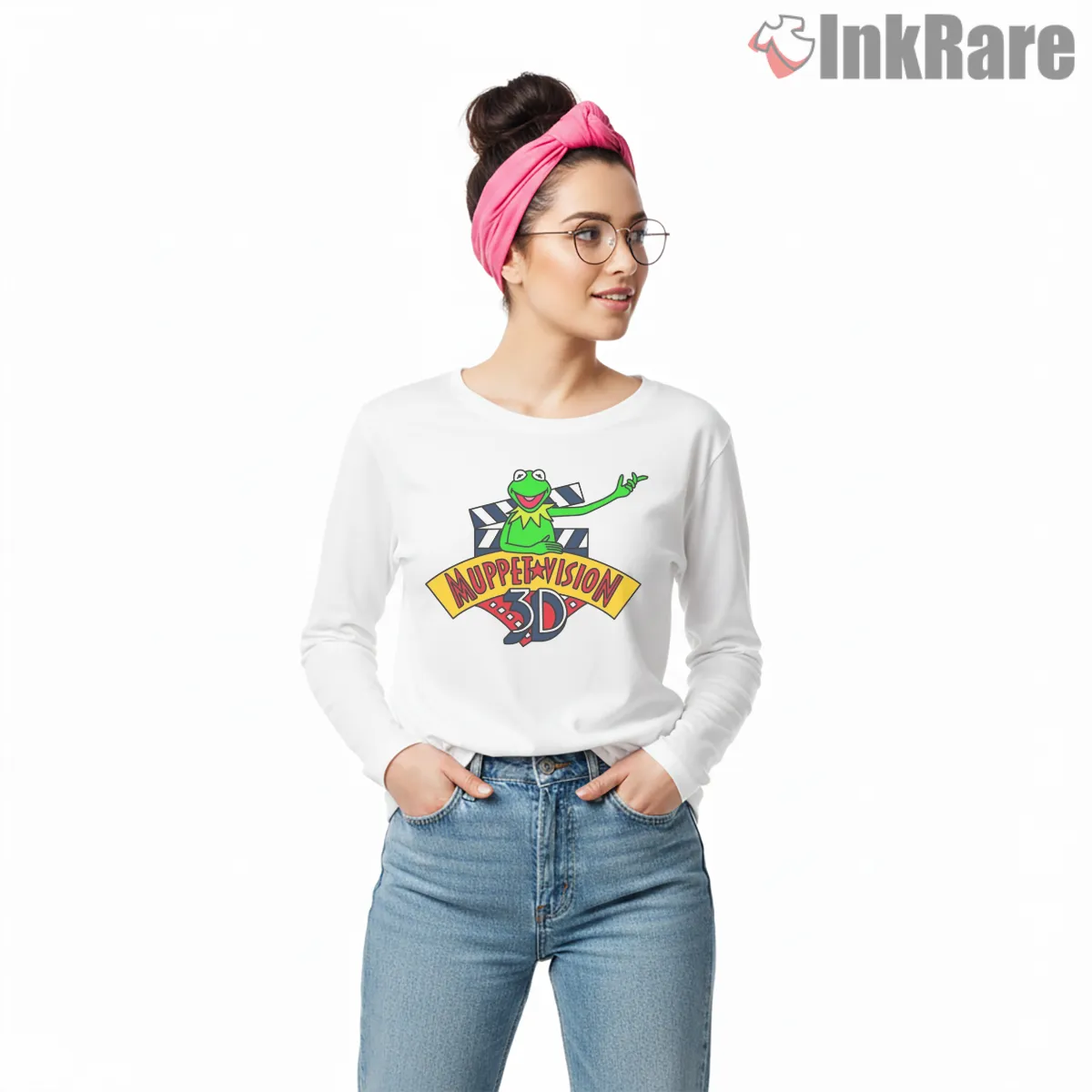 Muppet Vision 3d Retro Theme Park Logo Long Sleeve White Muppet Vision 3d Retro Theme Park Logo Shirt on white long sleeve shirt for women graphic tee