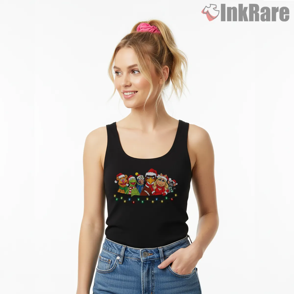 Muppets Christmas Lights Group Festive Cartoon Tank Top Black Muppets Christmas Lights Group Festive Cartoon Shirt on black tank top for women graphic tee