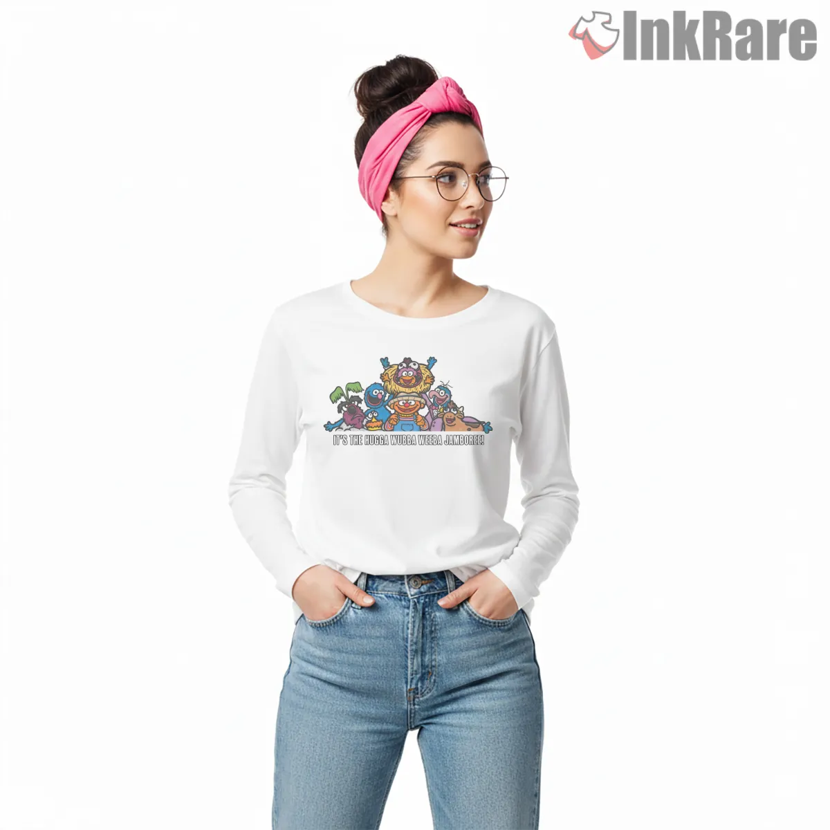 Muppets Hugga Wubba Weeba Jamboree Group Fun Long Sleeve White Muppets Hugga Wubba Weeba Jamboree Group Fun Shirt on white long sleeve shirt for women graphic tee
