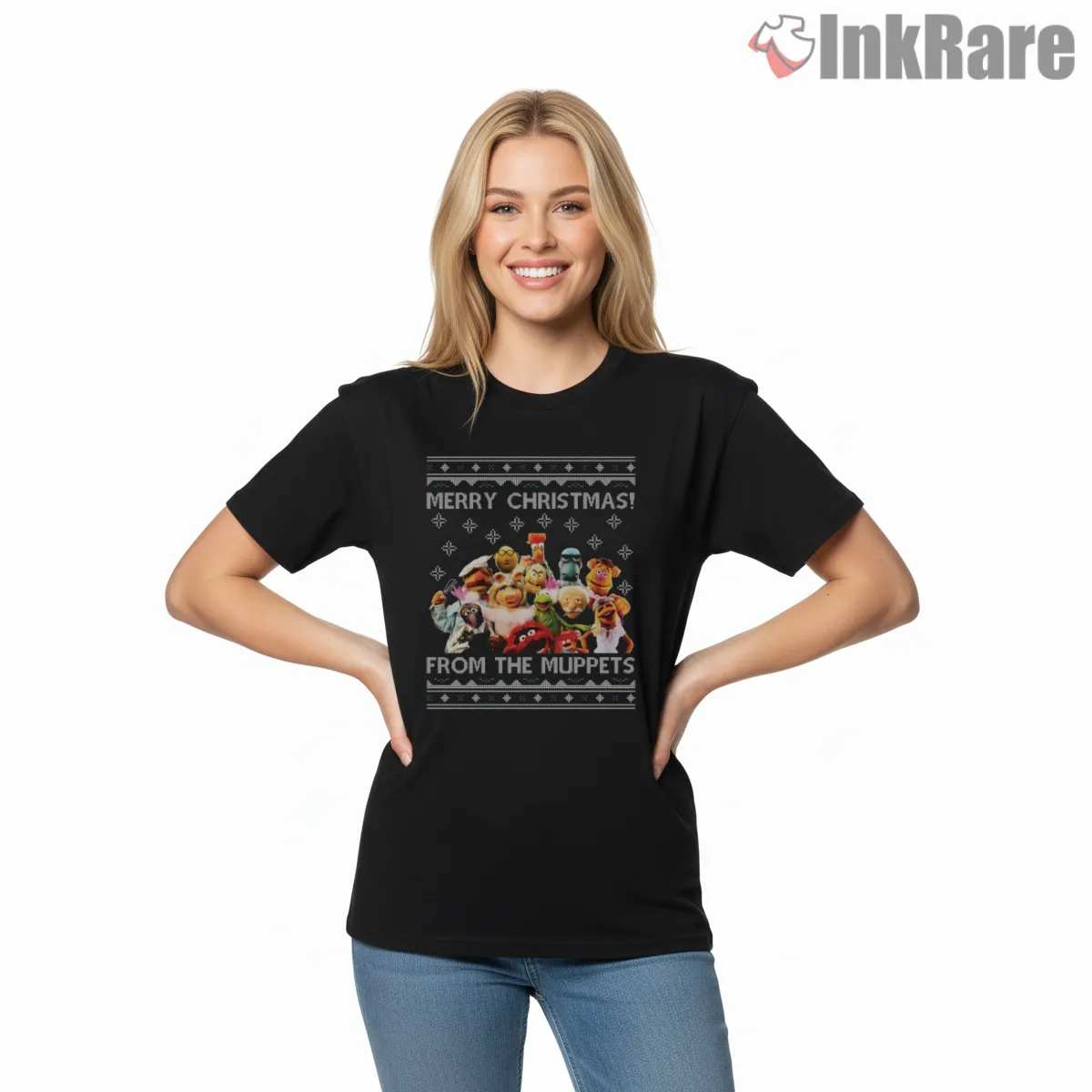 Muppets Merry Christmas Ugly Sweater Pattern Group Shirt on black short sleeve shirt for women graphic tee