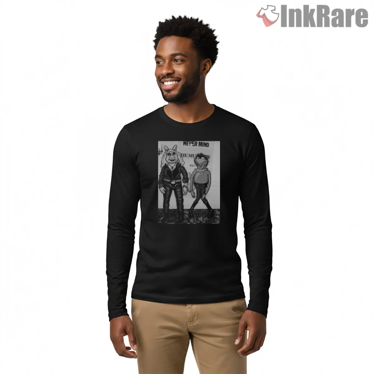 Muppets Nevermind Grunge Parody Black And White Duo Long Sleeve Black Muppets Nevermind Grunge Parody Black And White Duo Shirt on black long sleeve shirt for men graphic tee