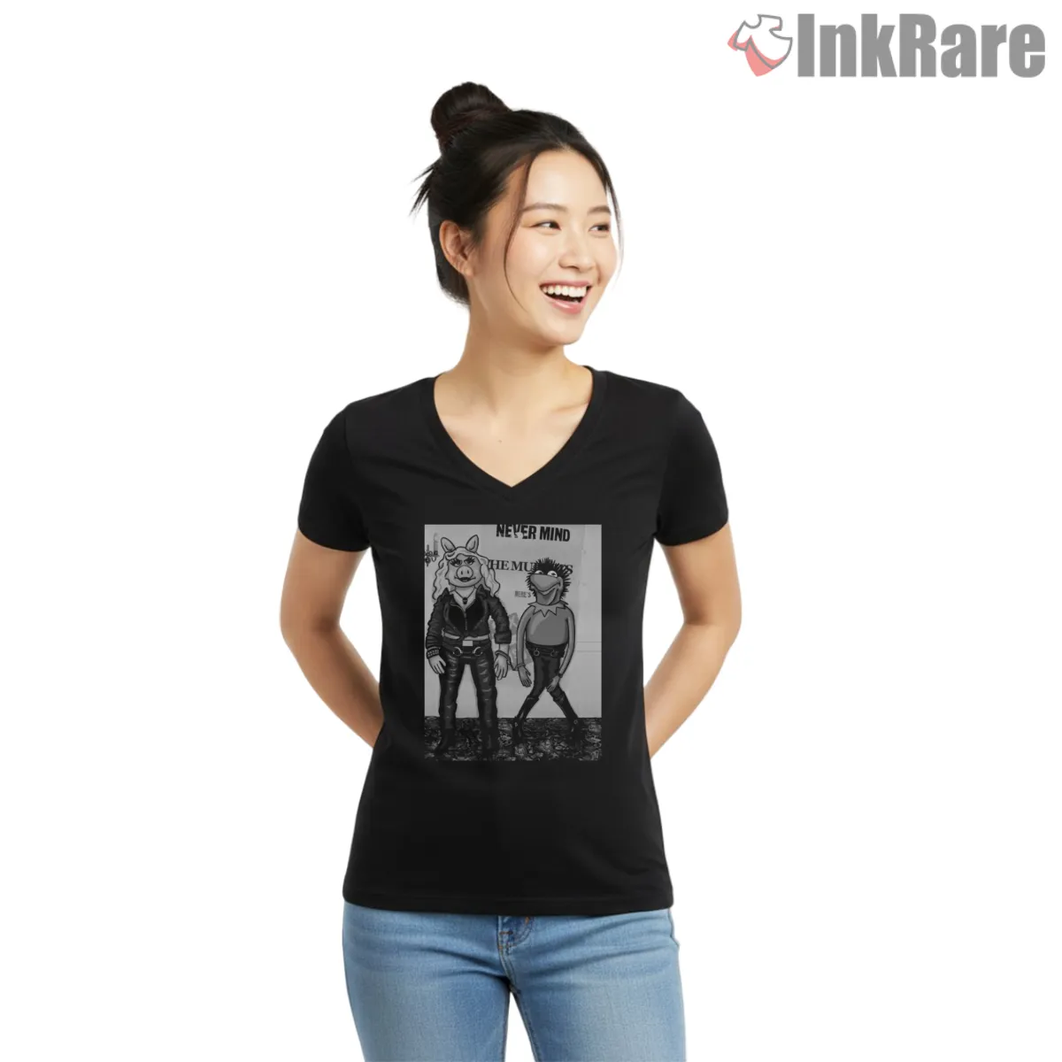 Muppets Nevermind Grunge Parody Black And White Duo V Neck Black Muppets Nevermind Grunge Parody Black And White Duo Shirt on black v-neck shirt for women graphic tee