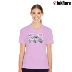 Women’s mustang gt 5.0 fox body classic for Muscle Car Enthusiasts V-Neck Tee in light pink | Chic Neckline, Soft Texture