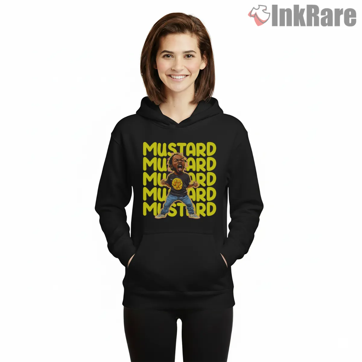Mustard Mustard Kendrick Lamar Cartoon Shouting Hoodie Black Mustard Mustard Kendrick Lamar Cartoon Shouting Shirt on black hoodie for women graphic tee
