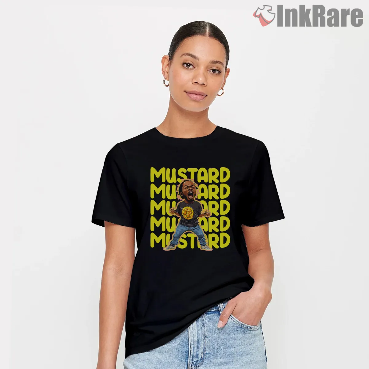 Mustard Mustard Kendrick Lamar Cartoon Shouting Short Sleeve Black Mustard Mustard Kendrick Lamar Cartoon Shouting Shirt on black short sleeve shirt for women graphic tee