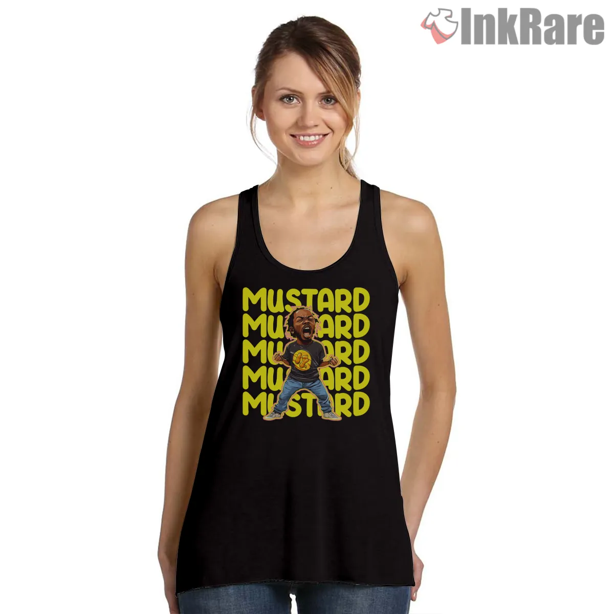 Mustard Mustard Kendrick Lamar Cartoon Shouting Tank Top Black Mustard Mustard Kendrick Lamar Cartoon Shouting Shirt on black tank top for women graphic tee