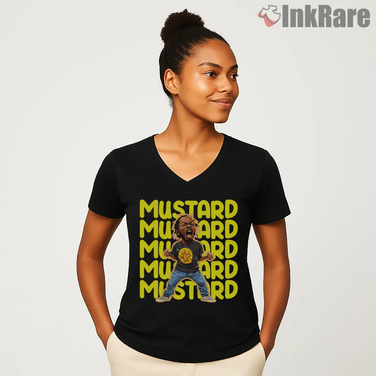 Mustard Mustard Kendrick Lamar Cartoon Shouting V Neck Black Mustard Mustard Kendrick Lamar Cartoon Shouting Shirt on black v-neck shirt for women graphic tee