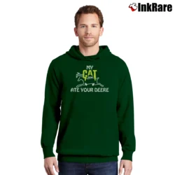 Men’s My Cat Ate Your Deere Construction Caterpillar Spoof Pullover Hoodie in forest green | Cozy, Durable, Modern Fit