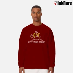 Men’s My Cat Ate Your Deere Construction Caterpillar Spoof Long-Sleeve Shirt in maroon | Sleek, Lightweight, Year-Round Wear