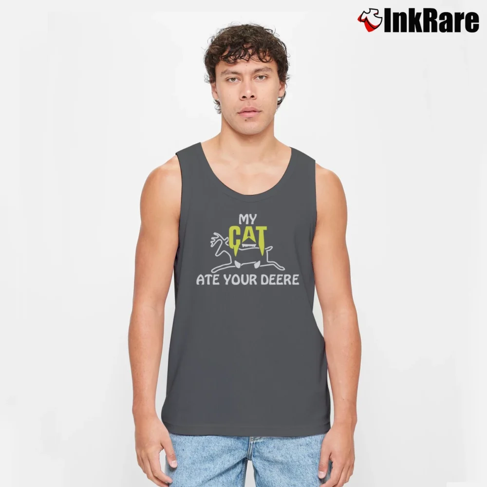 Men’s My Cat Ate Your Deere Construction Caterpillar Spoof Tank Top in charcoal | Breathable, Active-Friendly Design