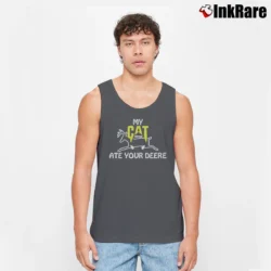 Men’s My Cat Ate Your Deere Construction Caterpillar Spoof Tank Top in charcoal | Breathable, Active-Friendly Design