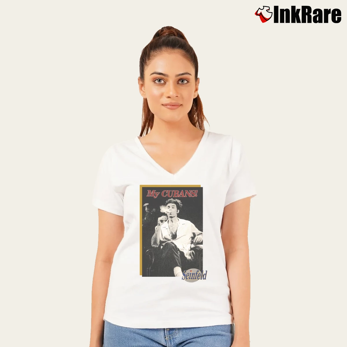 Women’s My Cubans Seinfeld Kramer V-Neck Tee in white | Chic Neckline, Soft Texture