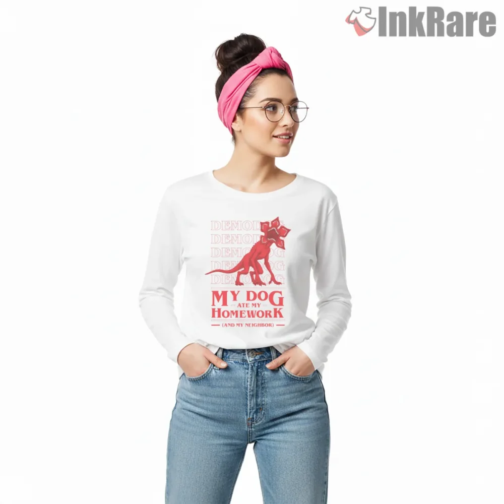 My Dog Ate My Homework Demodog Meme Shirt on white long sleeve shirt for women graphic tee