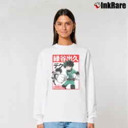 Women’s My Hero Academia Deku Kanji Relaxed Sweatshirt in white | Soft, Laid-Back Vibe