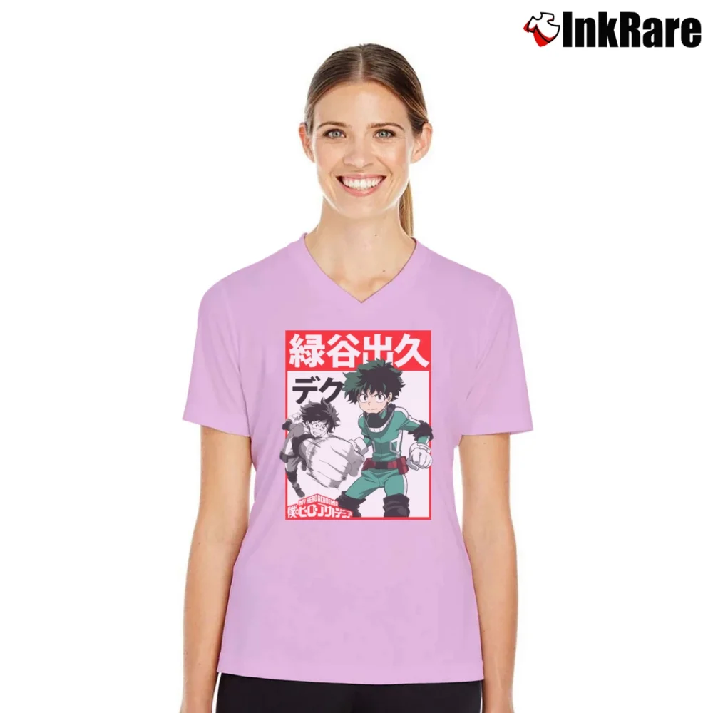 Women’s My Hero Academia Deku Kanji V-Neck Tee in light pink | Chic Neckline, Soft Texture