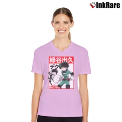 Women’s My Hero Academia Deku Kanji V-Neck Tee in light pink | Chic Neckline, Soft Texture