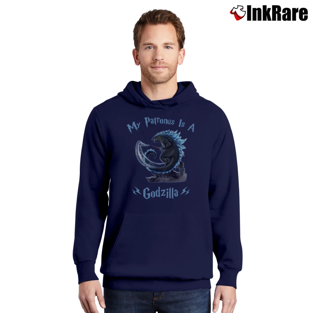 Men’s My Patronus Is A Godzilla Funny Monster Gift Pullover Hoodie in navy | Cozy, Durable, Modern Fit