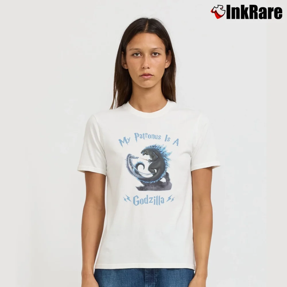 Women’s My Patronus Is A Godzilla Funny Monster Gift Signature T-Shirt in white | Soft, Flattering Fit