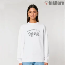 White sweatshirt with soft interior and neat print