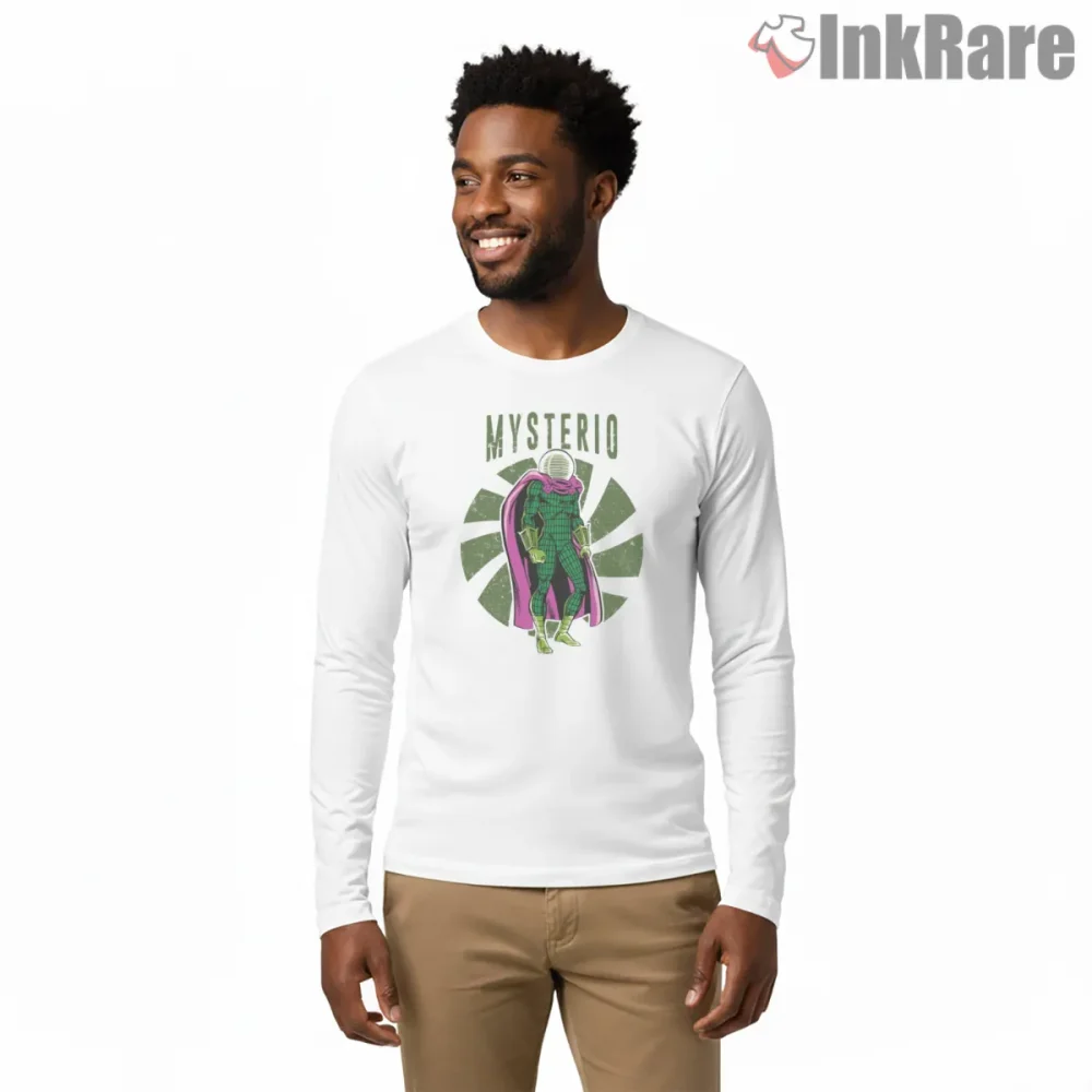 Mysterio Retro Comic Aura Illusion Graphic Shirt on white long sleeve shirt for men graphic tee