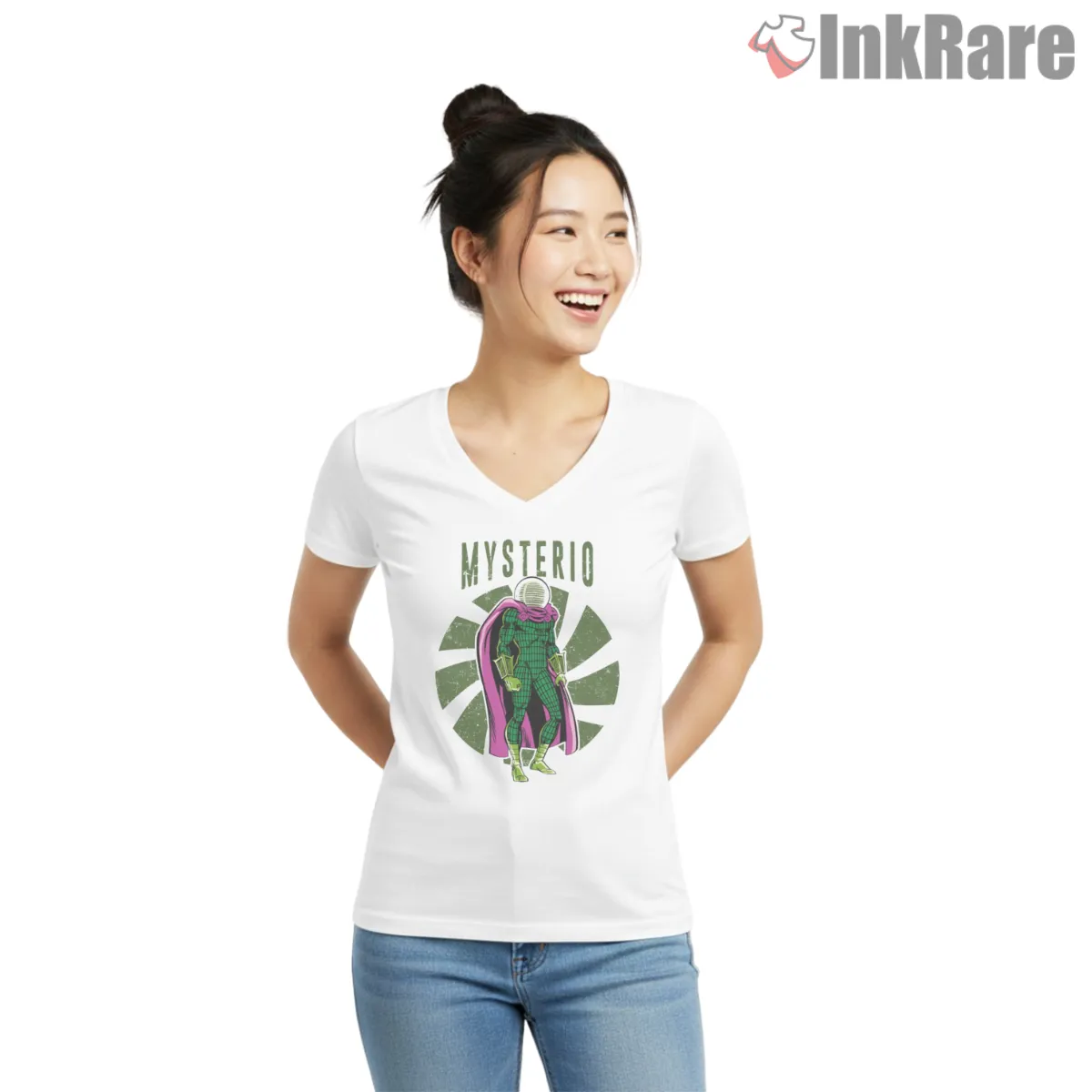 Mysterio Retro Comic Aura Illusion Graphic Shirt on white v-neck shirt for women graphic tee