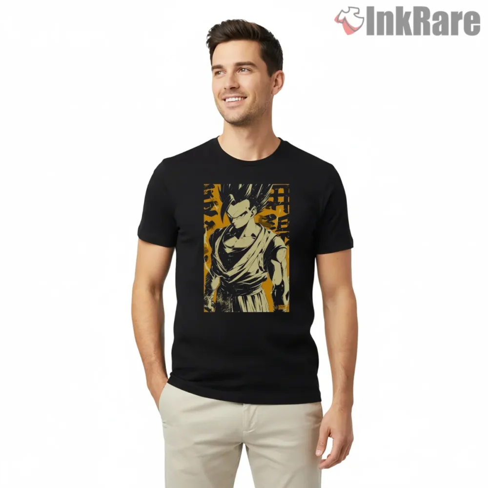 Mystic Gohan Serious Stance Warrior Shirt on black short sleeve shirt for men graphic tee