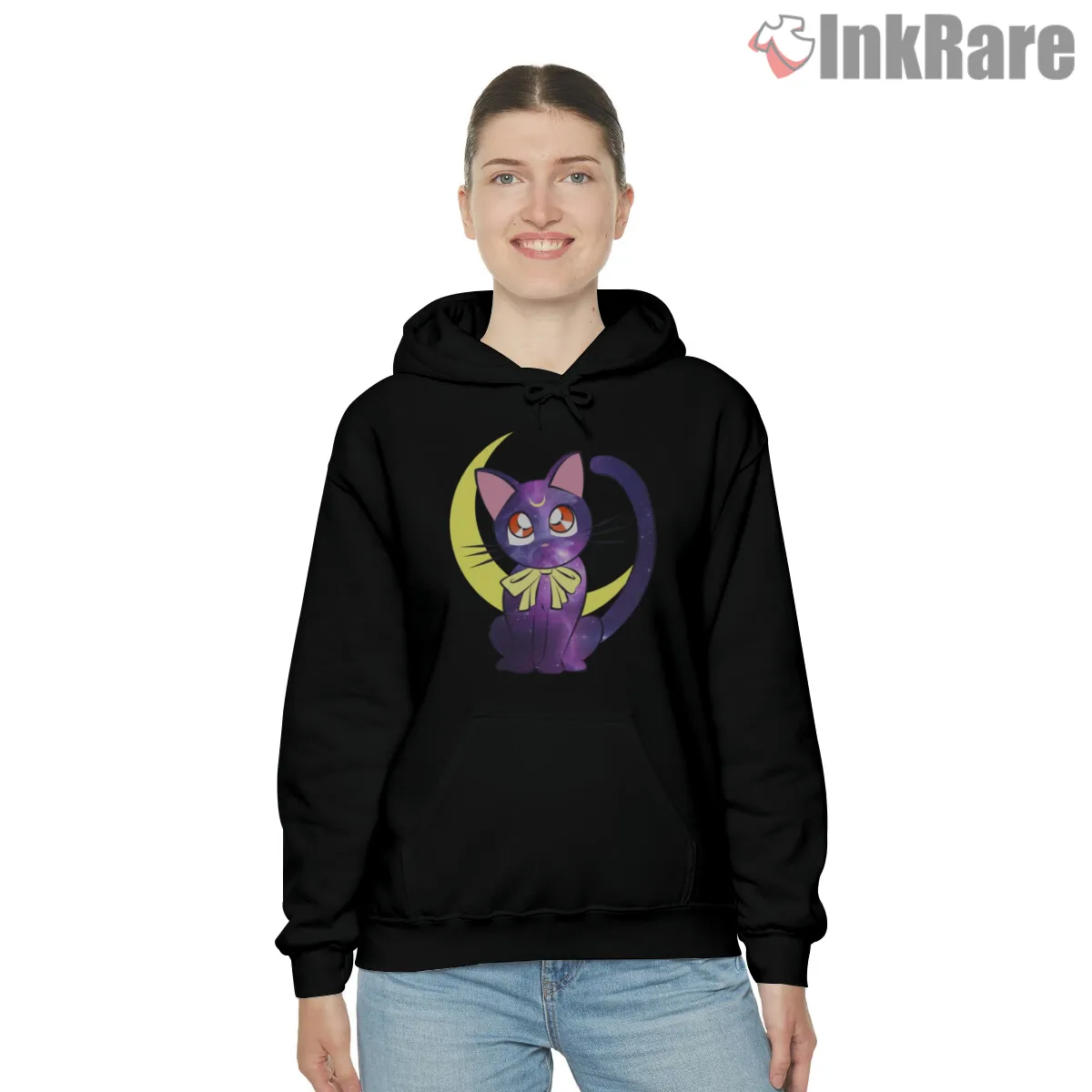 Mystic Kitty Moon Night Guardian Hoodie Black Mystic Kitty Moon Night Guardian Shirt on black hoodie for women graphic tee