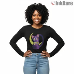 Mystic Kitty Moon Night Guardian Shirt on black long sleeve shirt for women graphic tee