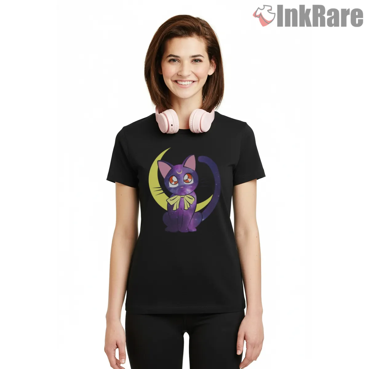 Mystic Kitty Moon Night Guardian Short Sleeve Black Mystic Kitty Moon Night Guardian Shirt on black short sleeve shirt for women graphic tee