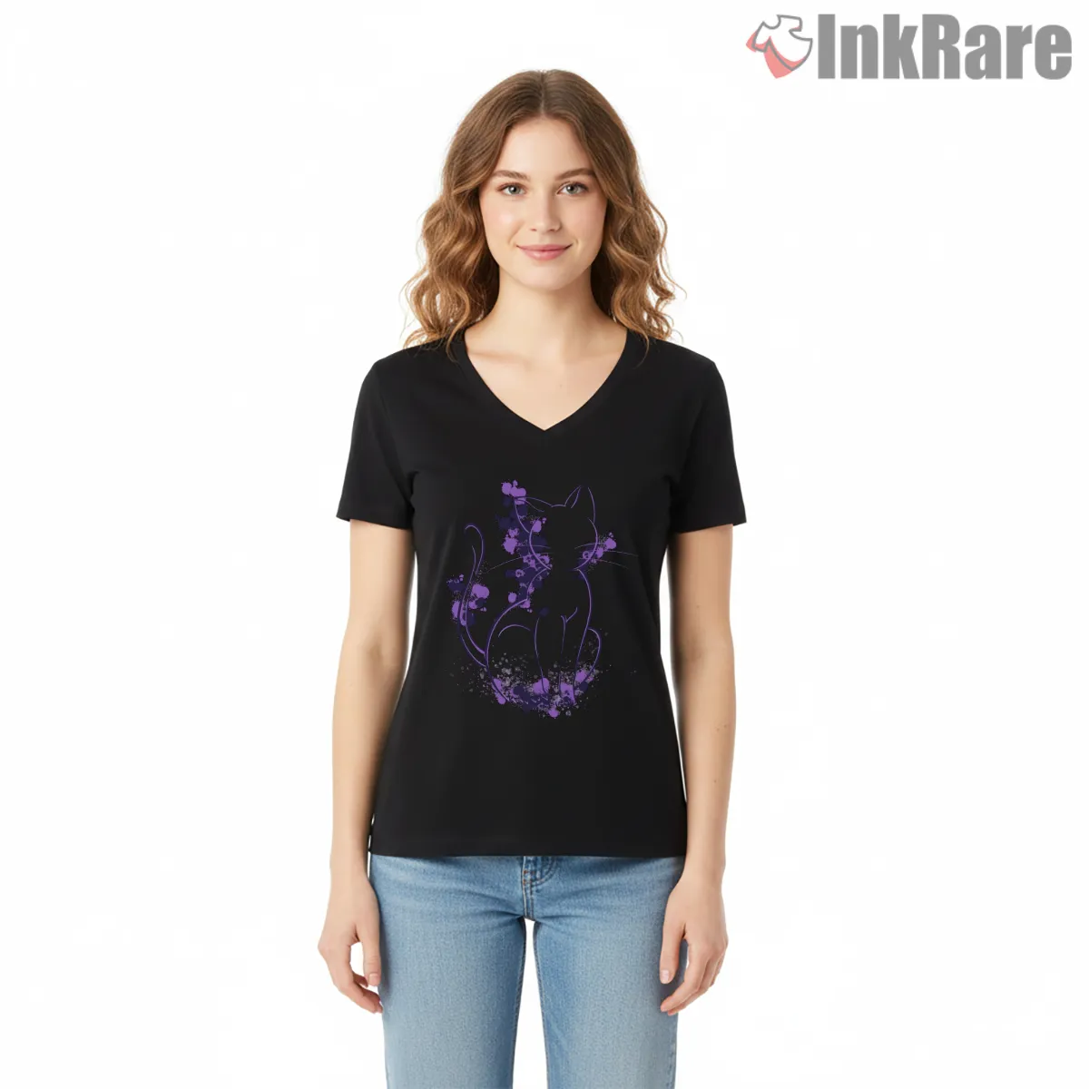 Mystical Moon Cat Stardust V Neck Black Mystical Moon Cat Stardust Shirt on black v-neck shirt for women graphic tee