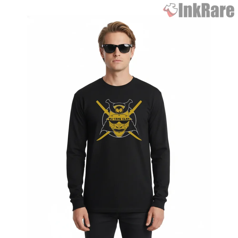 Mythic Samurai Helmet Wu Tang Clan Shirt on black long sleeve shirt for men graphic tee