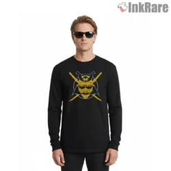 Mythic Samurai Helmet Wu Tang Clan Shirt on black long sleeve shirt for men graphic tee