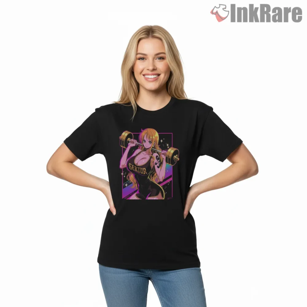 Nami Pirate Navigator Fitness Style Anime Shirt on black short sleeve shirt for women graphic tee