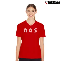 Women’s Nas Digital Album Symbols Fan V-Neck Tee in red | Chic Neckline, Soft Texture