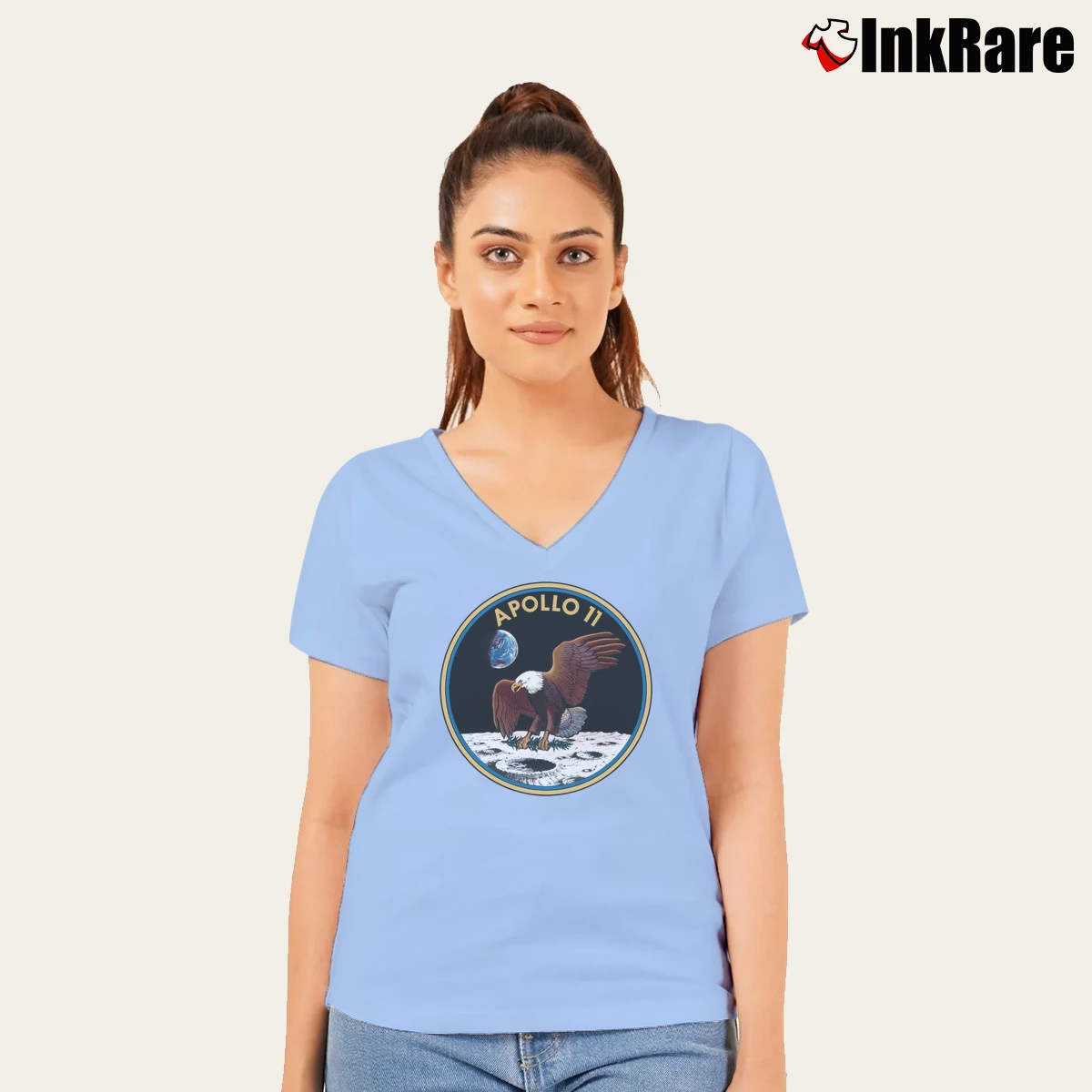 Women’s NASA Apollo 11 Eagle Landing V-Neck Tee in light blue | Chic Neckline, Soft Texture