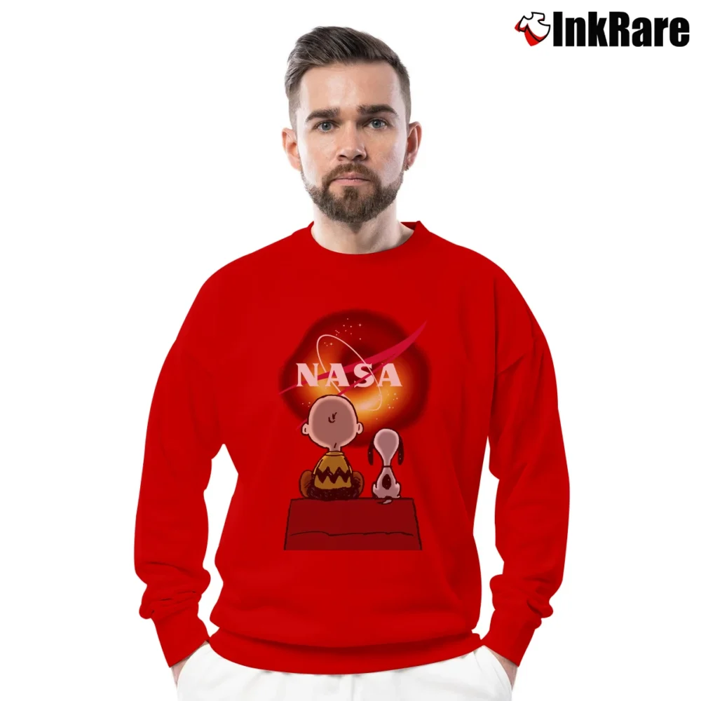 Men’s NASA Black Hole M87 Snoopy Science Fan Crewneck Sweatshirt in red | Cozy Fabric, Clean Style