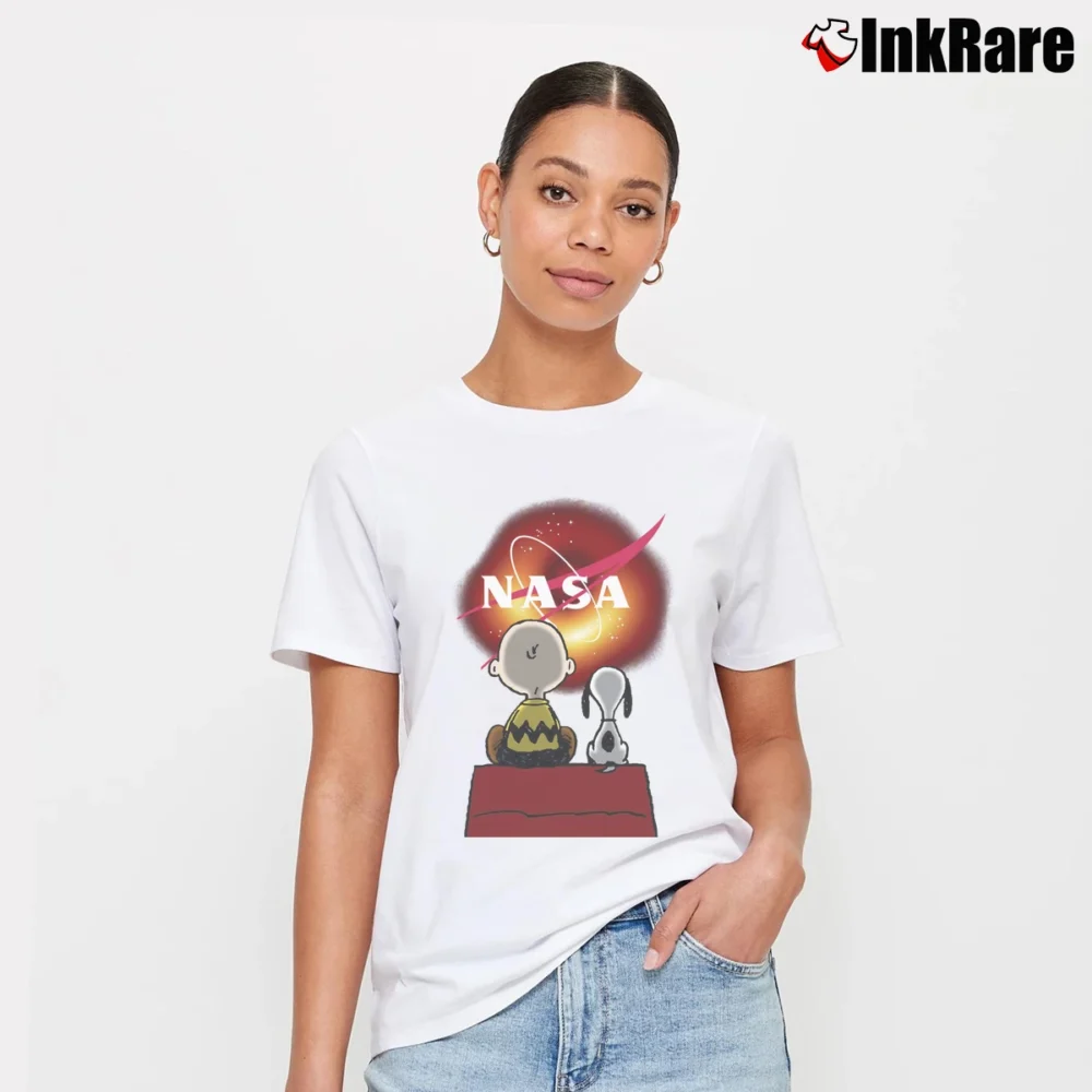 Women’s NASA Black Hole M87 Snoopy Science Fan Signature T-Shirt in white | Soft, Flattering Fit